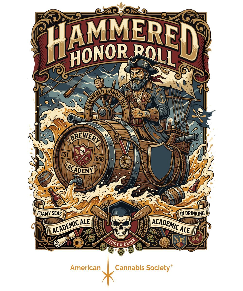 Hammered Honor Roll vintage band weed shirt by American Cannabis Society® with pirate captain on a beer barrel