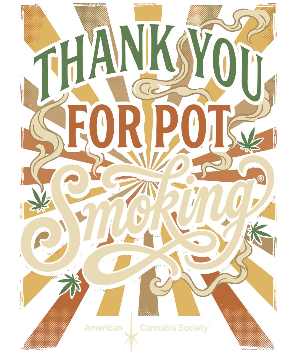 Thank You For Pot Smoking® retro sunburst weed shirt design with smoke swirls and cannabis leaves from THC Factor